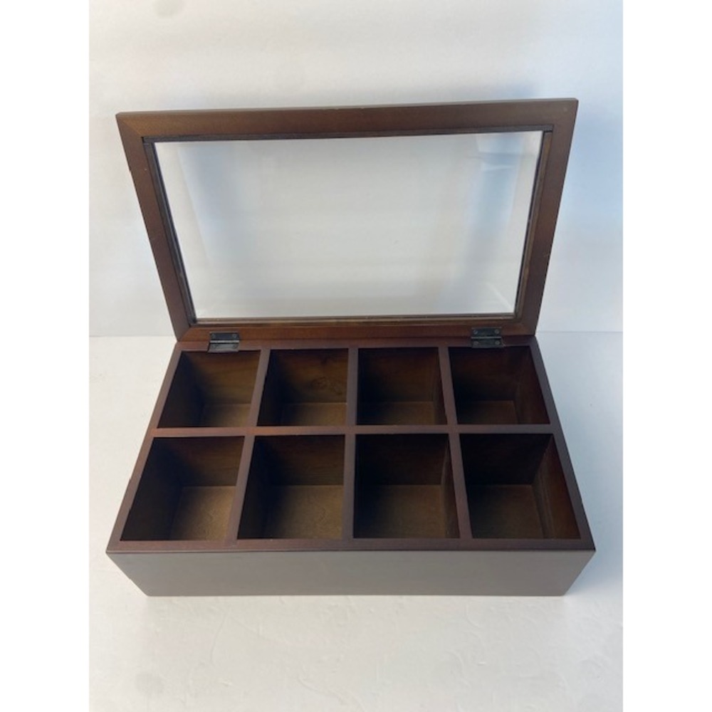 Dark Wood 8 Compartment Tea Storage Box with Hinged Glass Lid Organizer